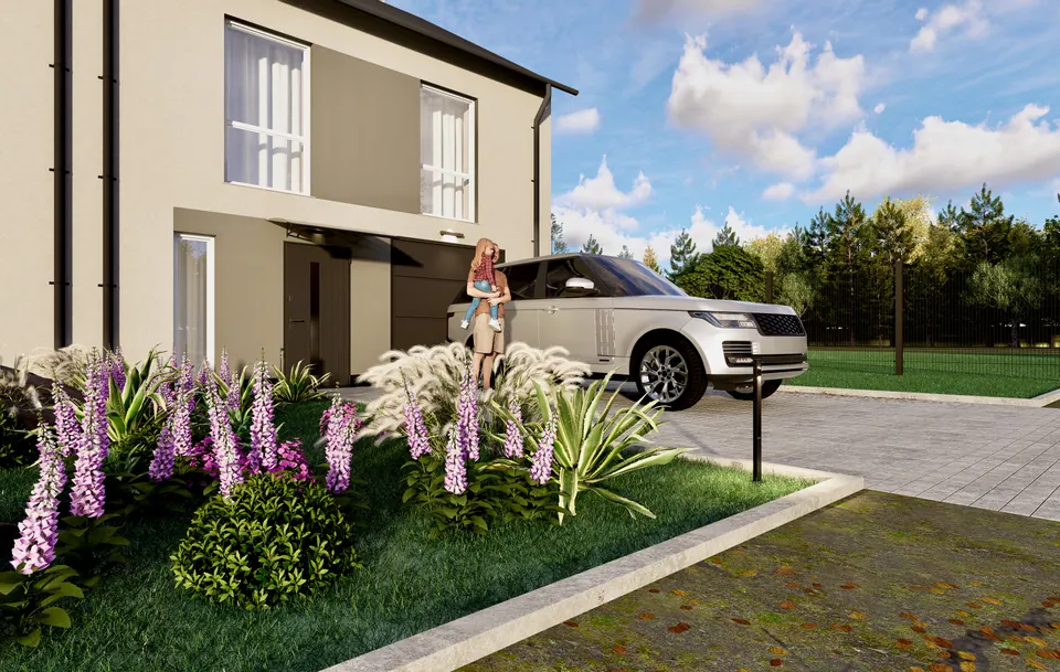 3D-Modell einer Hausfassade mit allen Details und Texturen