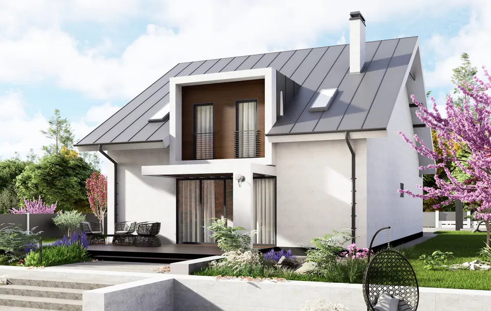 3D-Visualisierung der Fassade eines Einfamilienhauses mit Bepflanzung, Bratislava, Slowakei