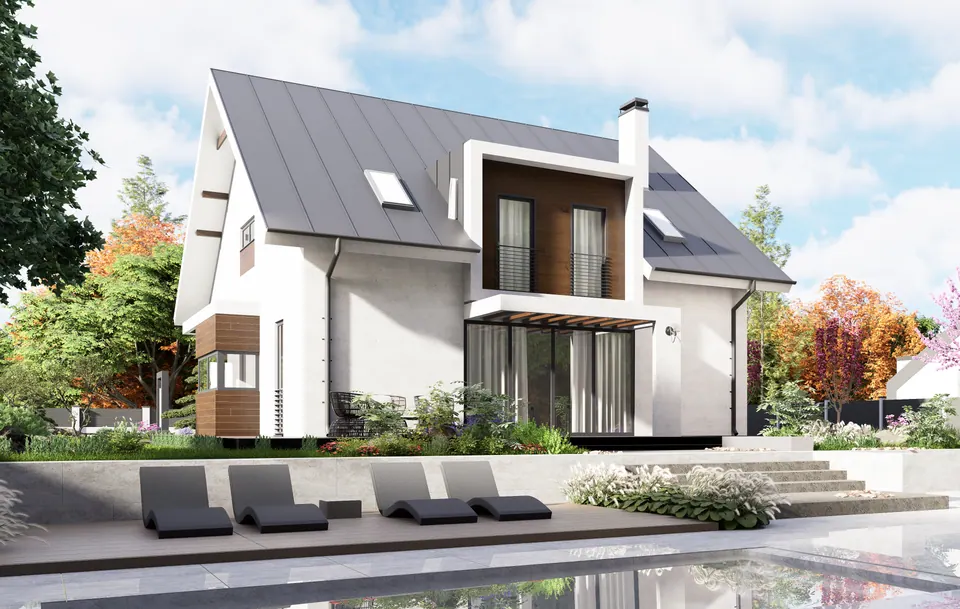 Fotorealistische Visualisierung von Hausfassade und Garten, Bratislava, Slowakei