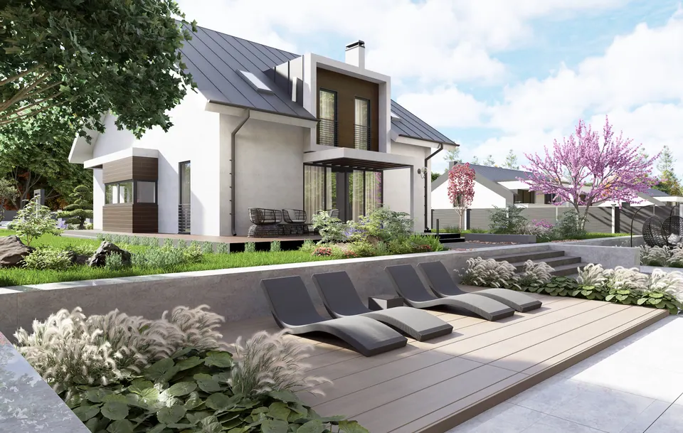 3D-Visualisierung des Außenbereichs eines Einfamilienhauses mit Garten, Bratislava, Slowakei