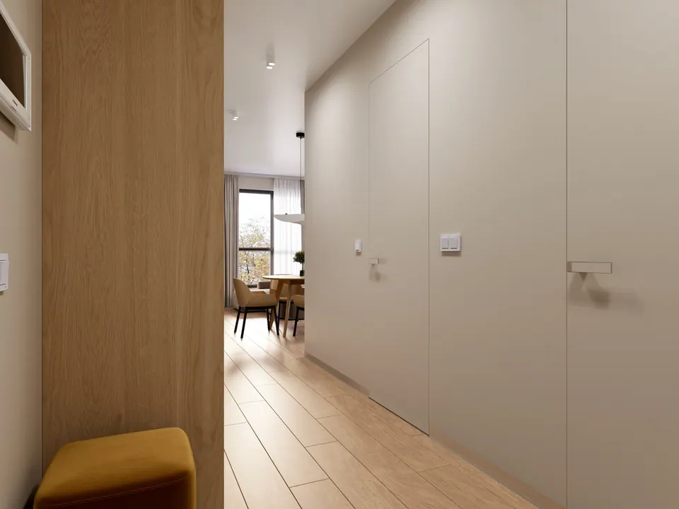 corridor with custom built-in shelves