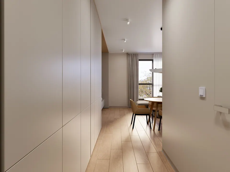 hallway with mirror and storage