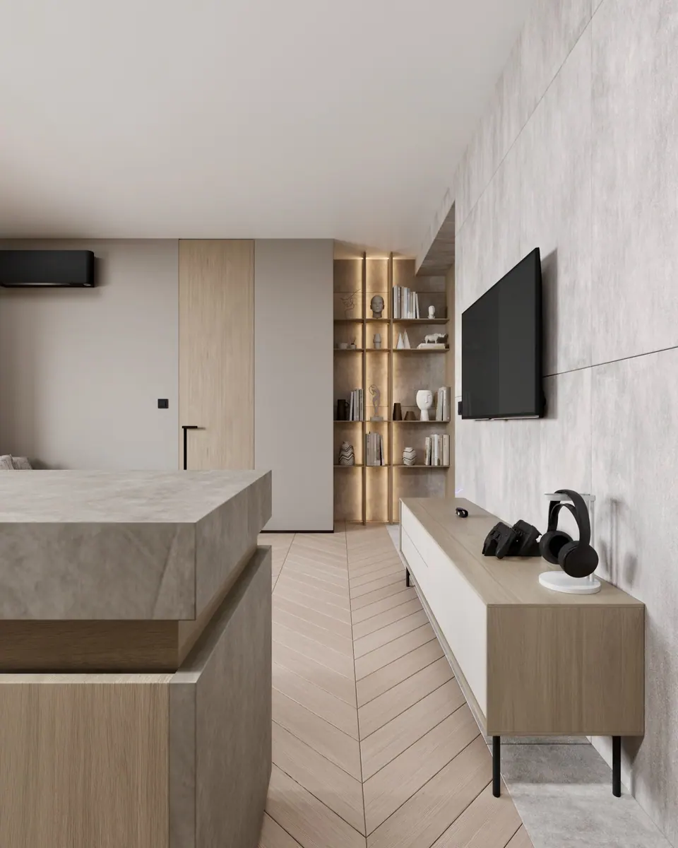 kitchen and living room in one space design