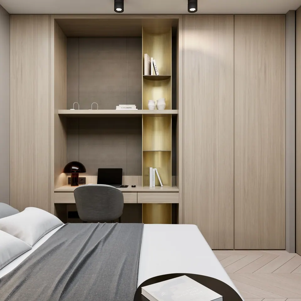 bedroom with custom headboard design