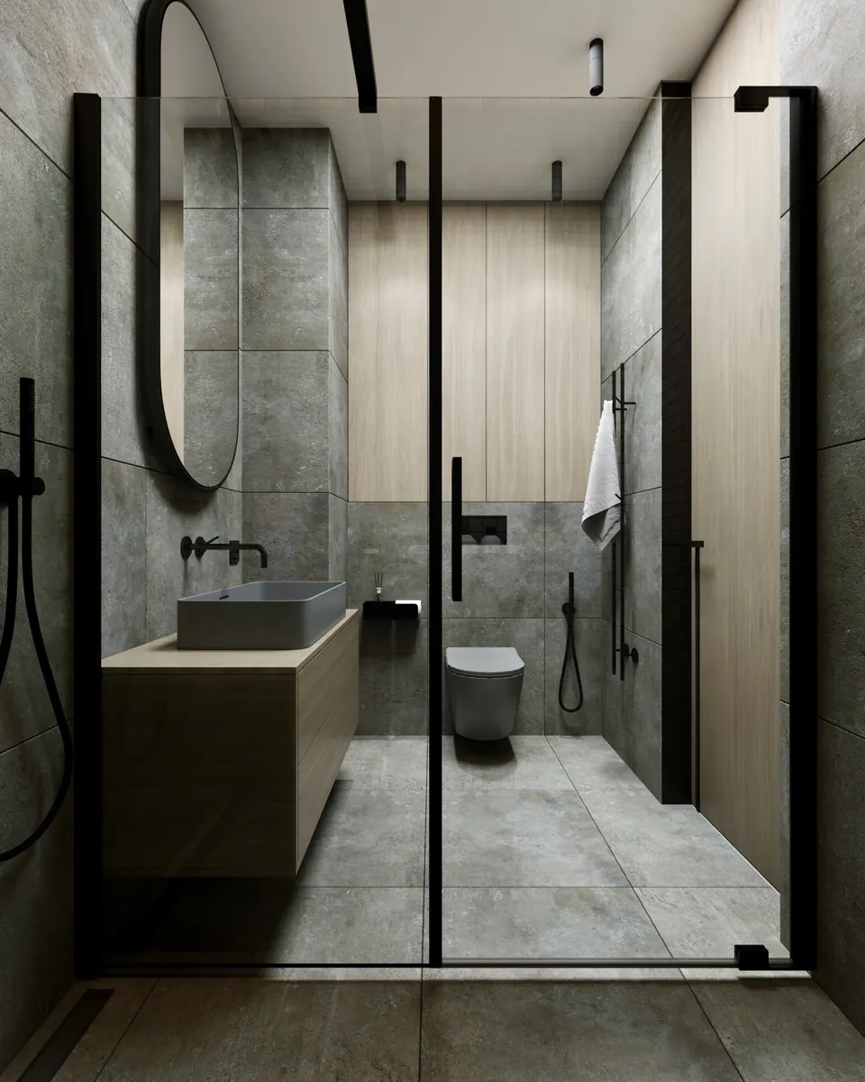 compact bathroom layout with storage