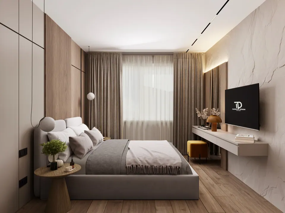 Schlafzimmer in hellen Tönen mit Möbeln nach Maß