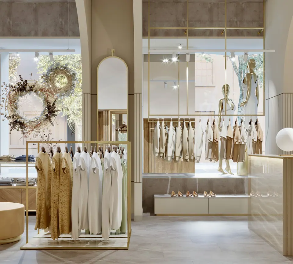 commercial interior with branded display panels