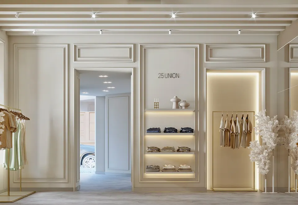 retail space layout with custom furniture and fixtures