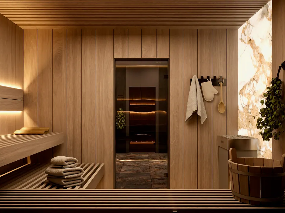 luxury finnish bath design with relaxation area
