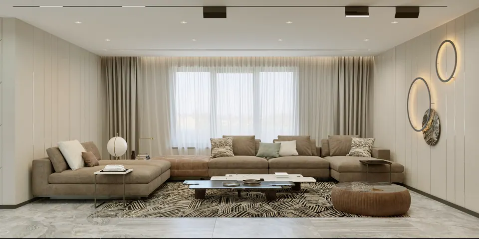 spacious living room with designer décor