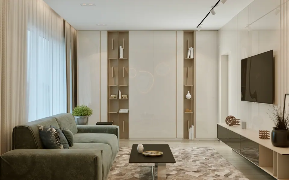 lounge zone with custom shelving and lighting