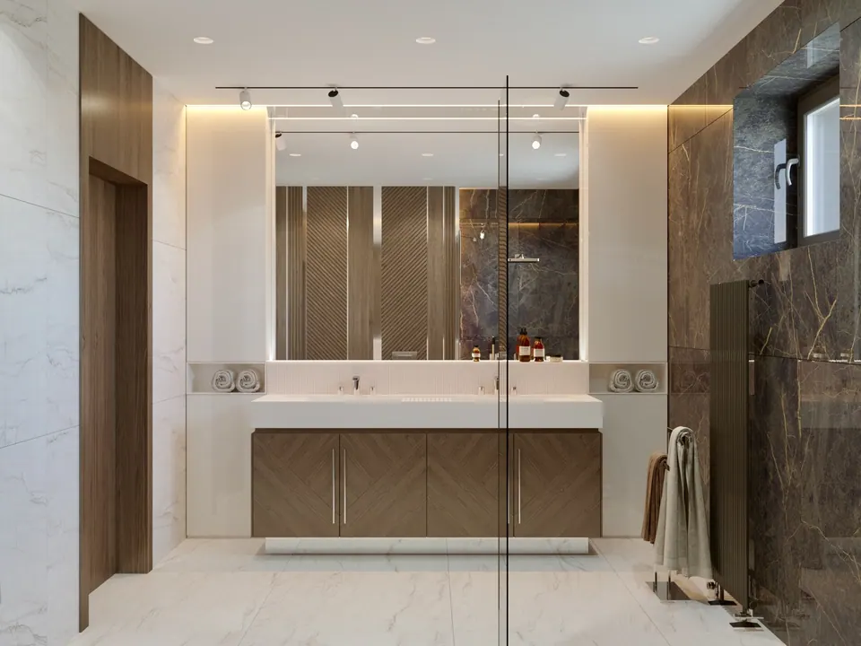warm-toned marble in bathroom
