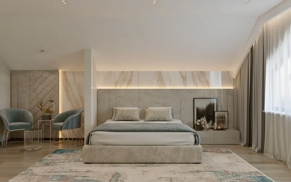 bedroom with mix of natural and soft materials