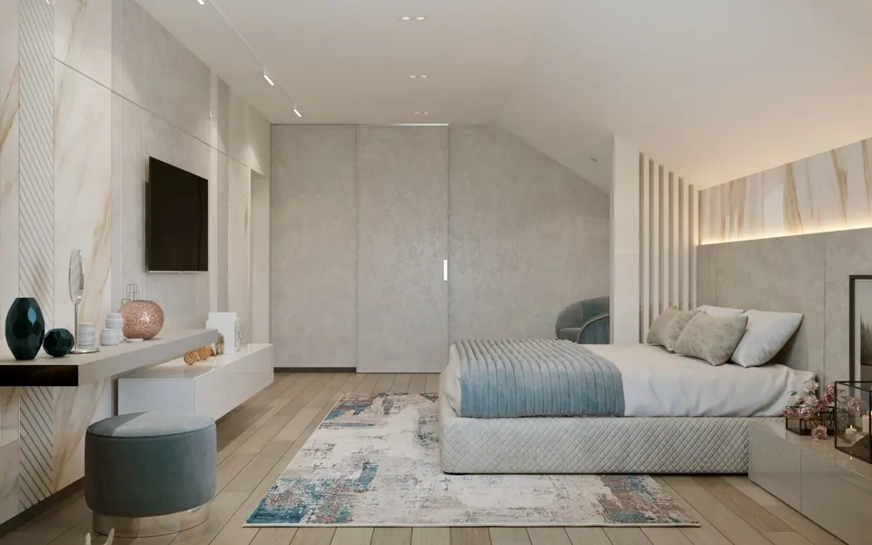 upholstered wall panels in villa bedroom