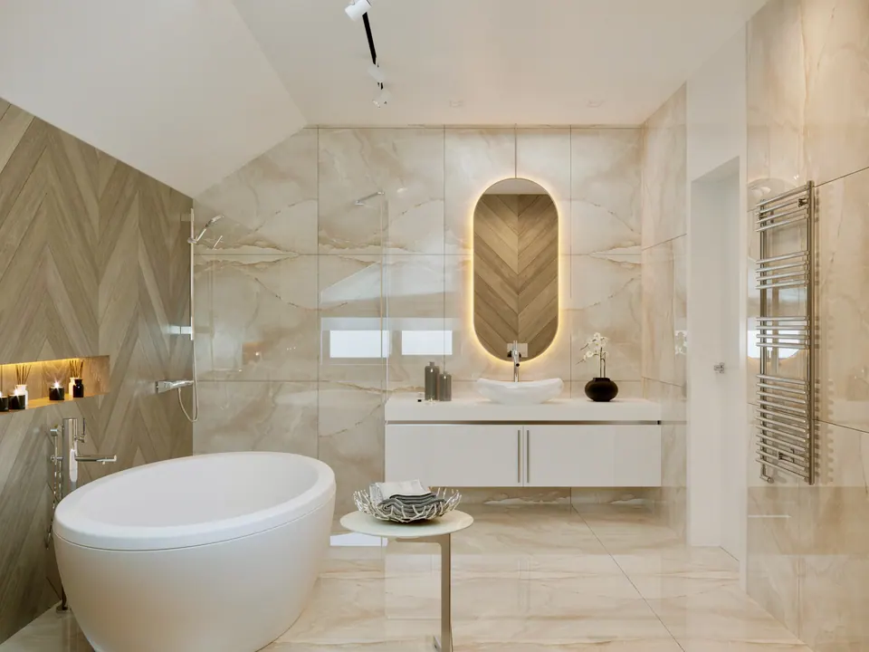 modern freestanding tub with side table