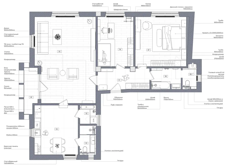 Планировочное решение квартиры 127 м² в Братиславе с расстановкой мебели