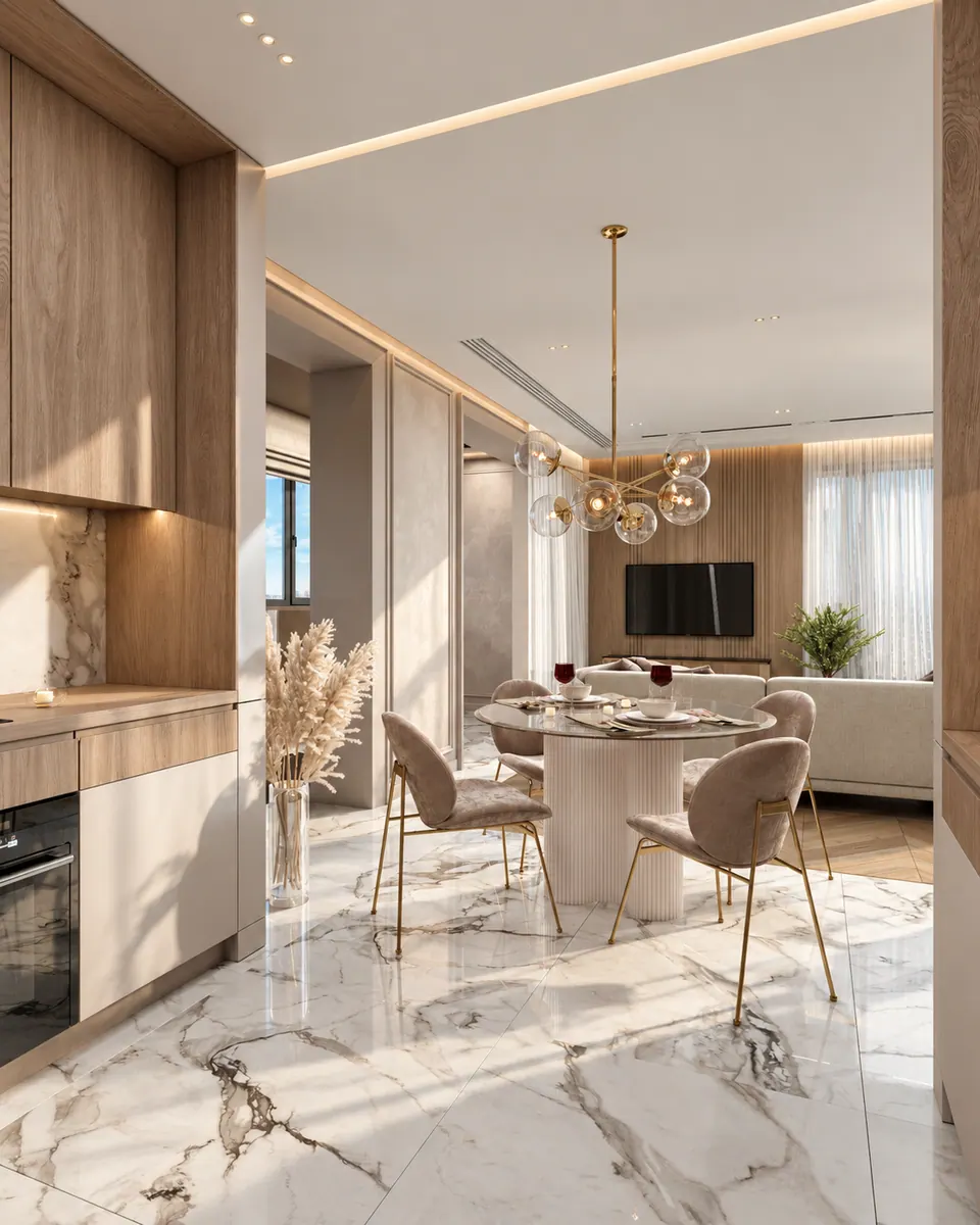 integrated kitchen and lounge in modern flat kyiv