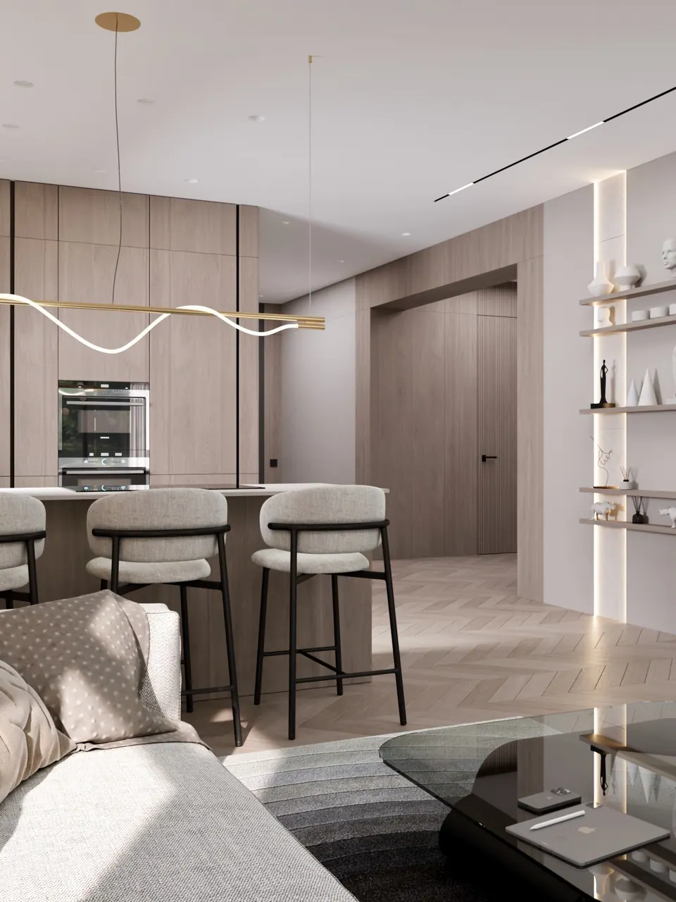 kitchen with gold accents and designer lighting berlin