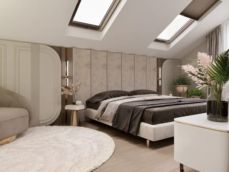 Schlafzimmer mit gepolstertem Kopfteil und Beleuchtung, Charkiw
