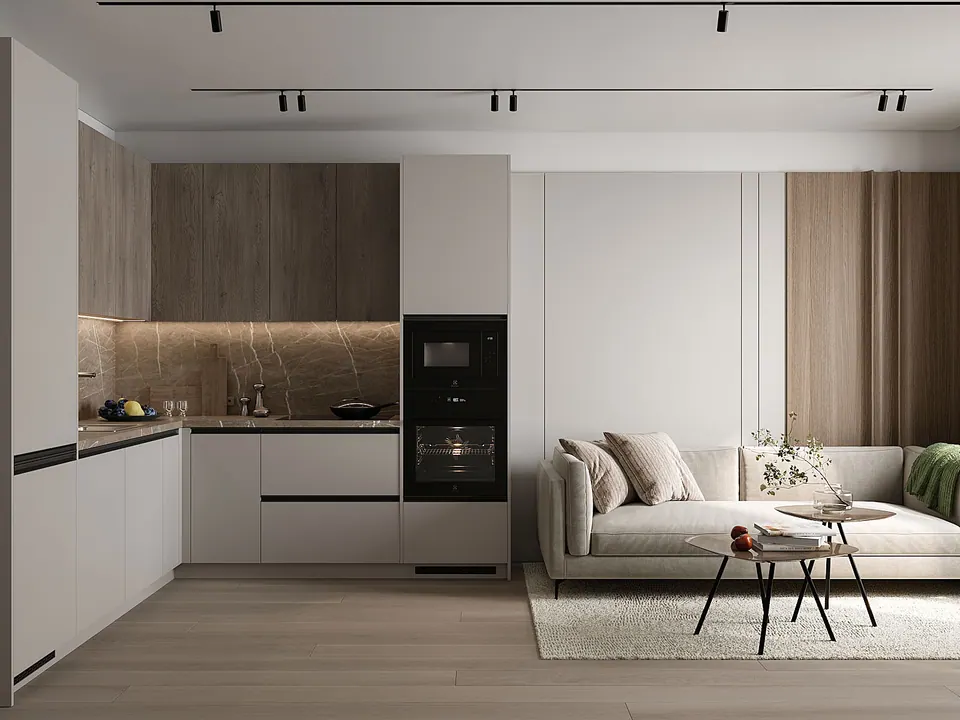 k-44 kitchen with wood-look upper cabinets and light acrylic lower fronts