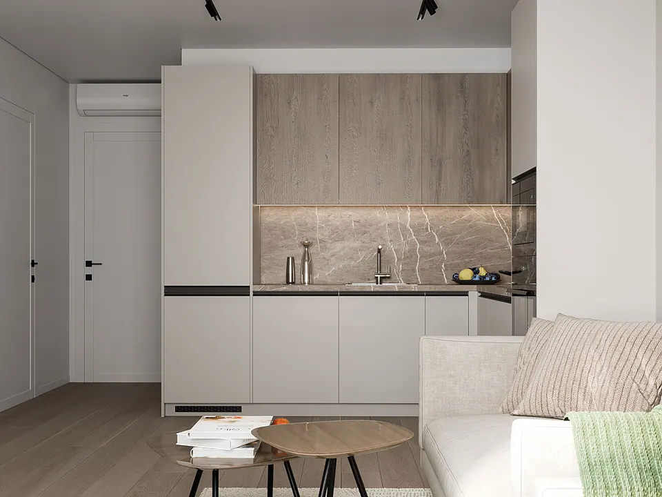 minimalist corner kitchen with tall cabinets and built-in appliances in vienna
