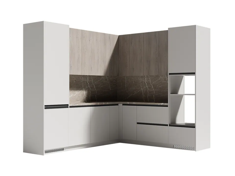 k-44 kitchen with light fronts, wood-effect upper cabinets and stone-look backsplash