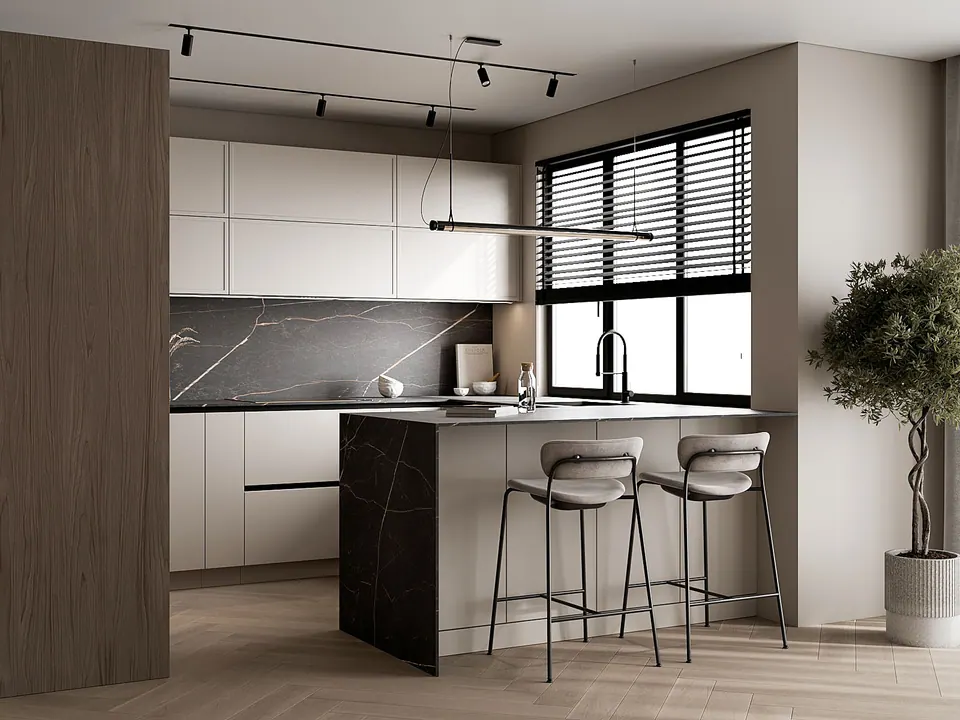 k-45 kitchen with light fronts, wood-effect tall cabinets and a dark stone working area