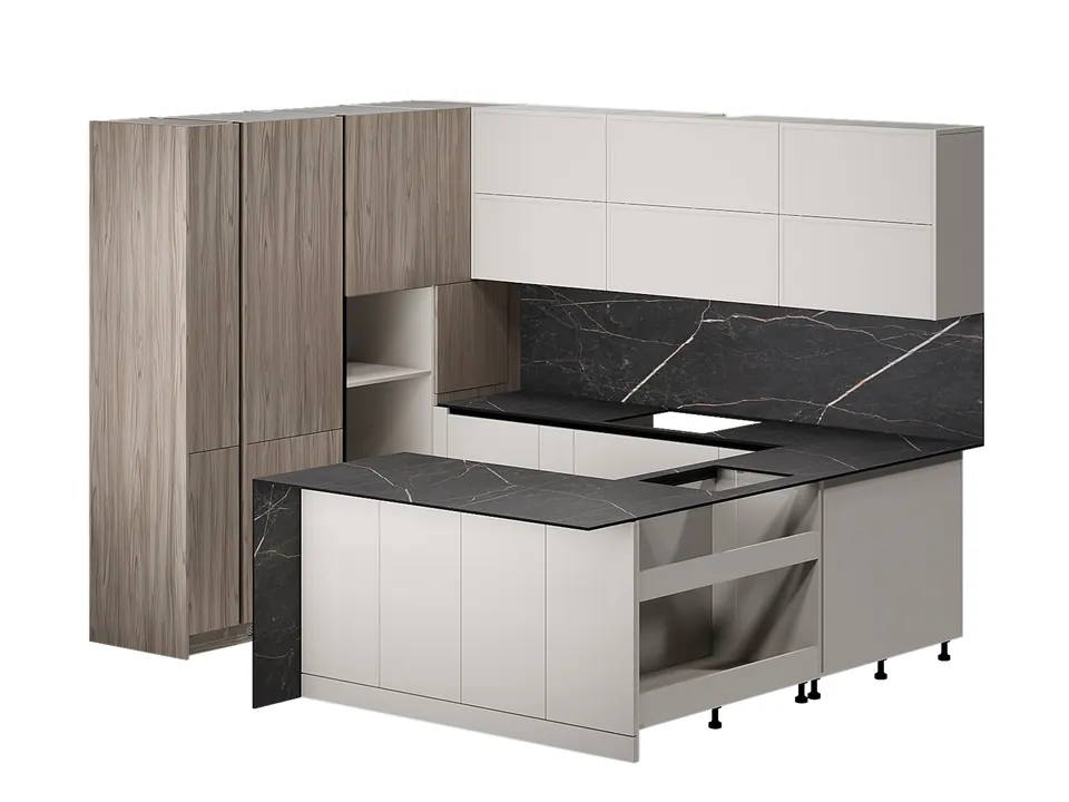 minimalist u-shaped kitchen with a peninsula and bar stools in vienna