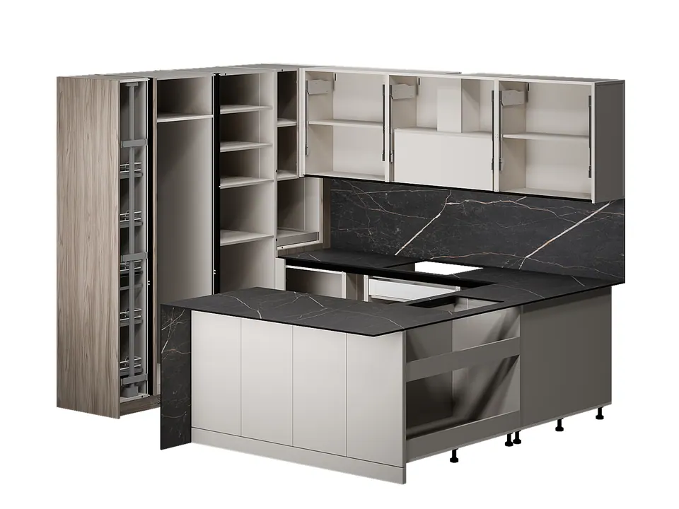 k-45 kitchen with beige upper and lower fronts and built-in appliances in a wood-effect block
