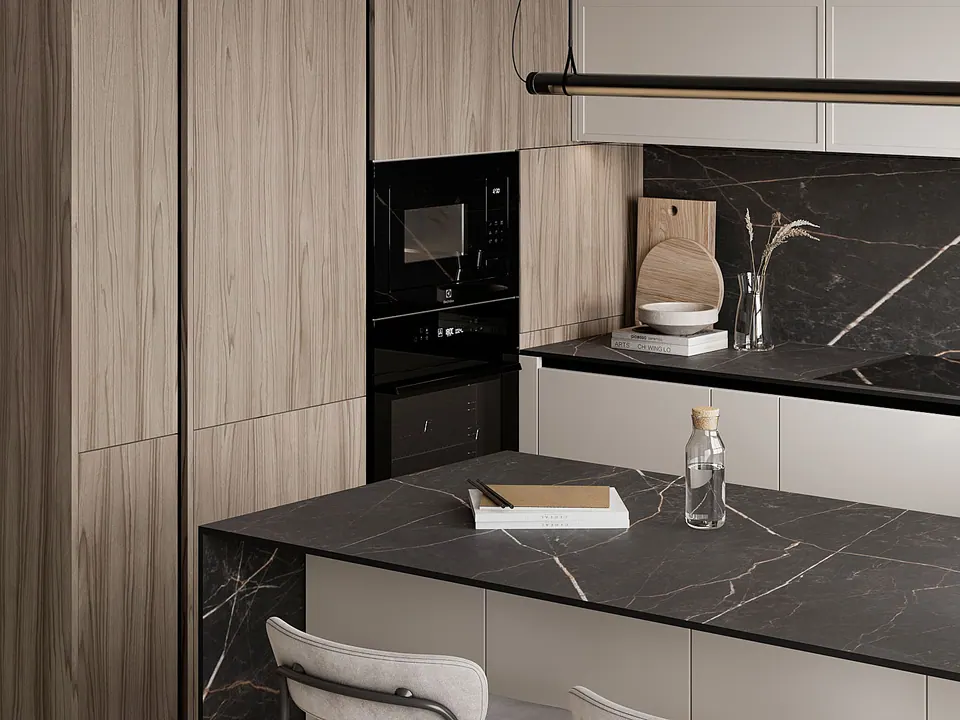 contemporary kitchen with a stone countertop, stone backsplash and hettich hardware