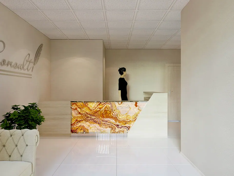 reception design with sleek surfaces and LED accents