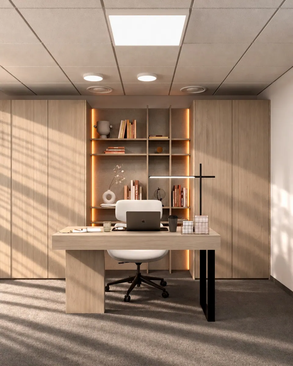 Custom furniture with lighting and open shelving at reception