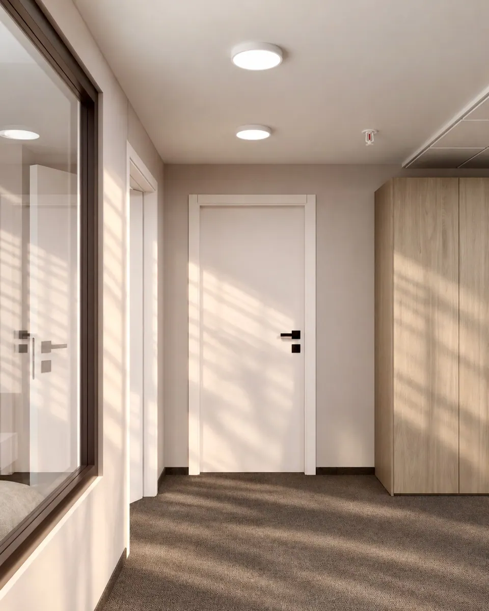 Entrance from reception to the offices through a glass partition
