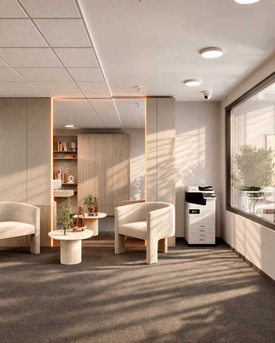 Reception with a waiting area, a multifunction printer and a glass partition