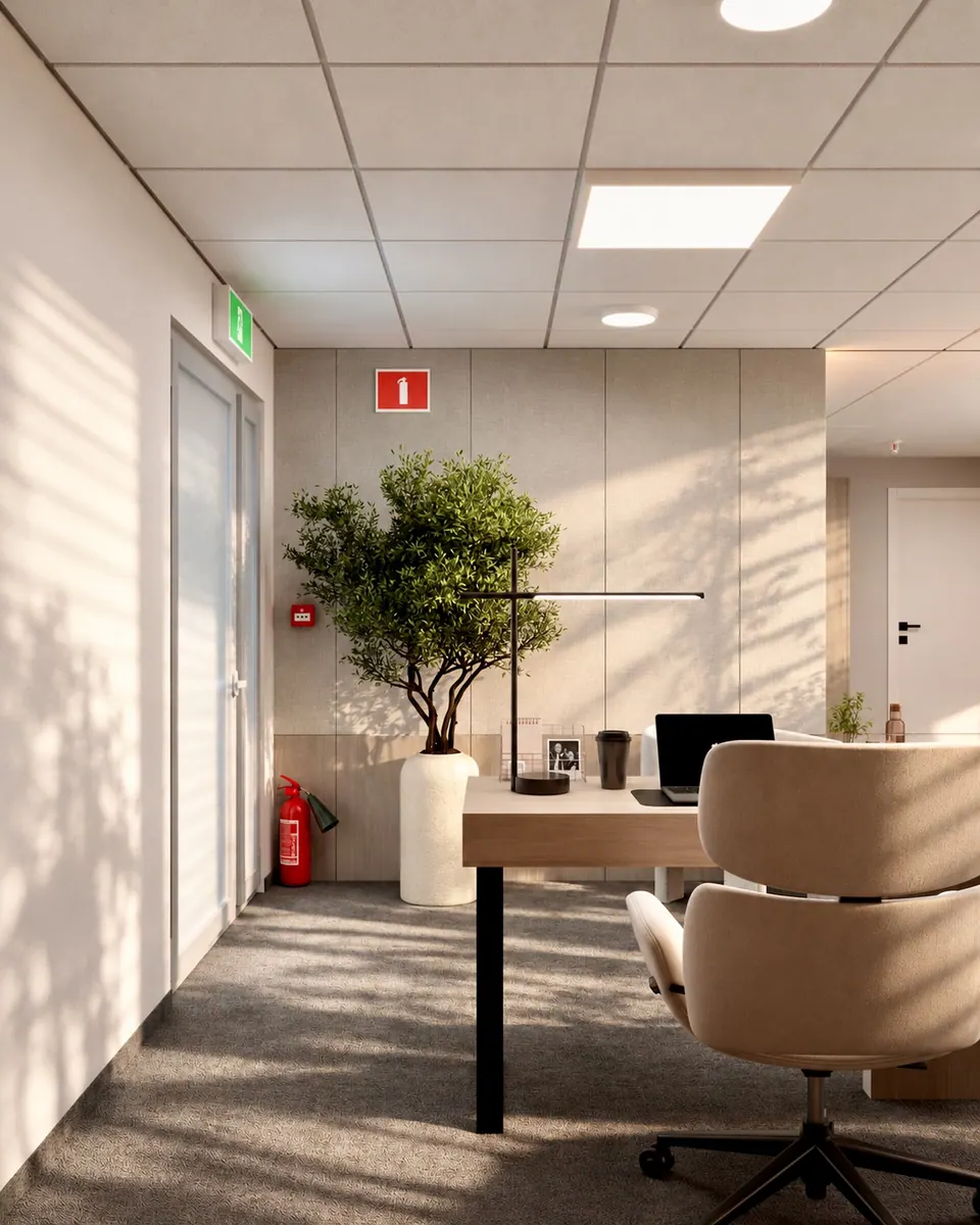 Reception desk with a potted tree
