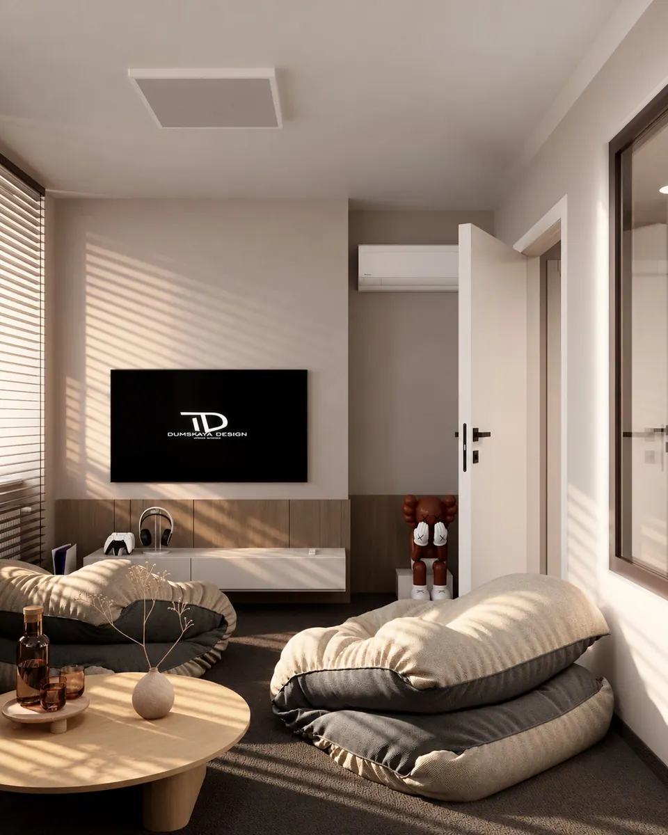 Game zone with a TV and bean bag chairs