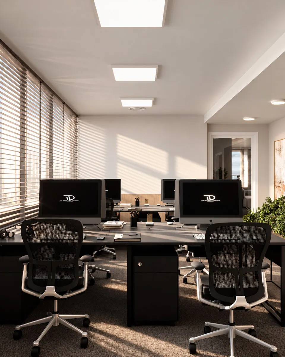 Workstations with ergonomic chairs by windows with blinds