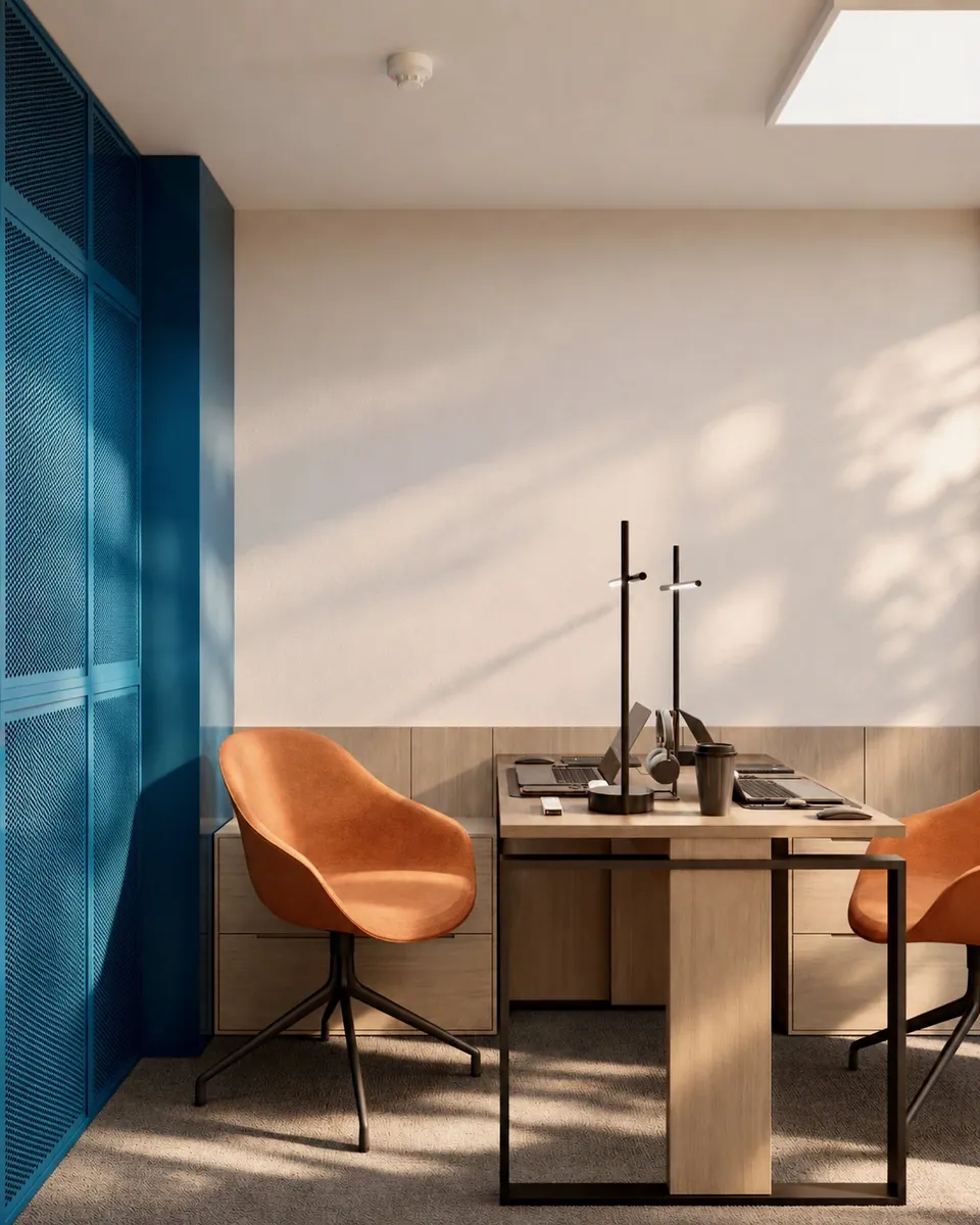 Desk beside a blue perforated panel