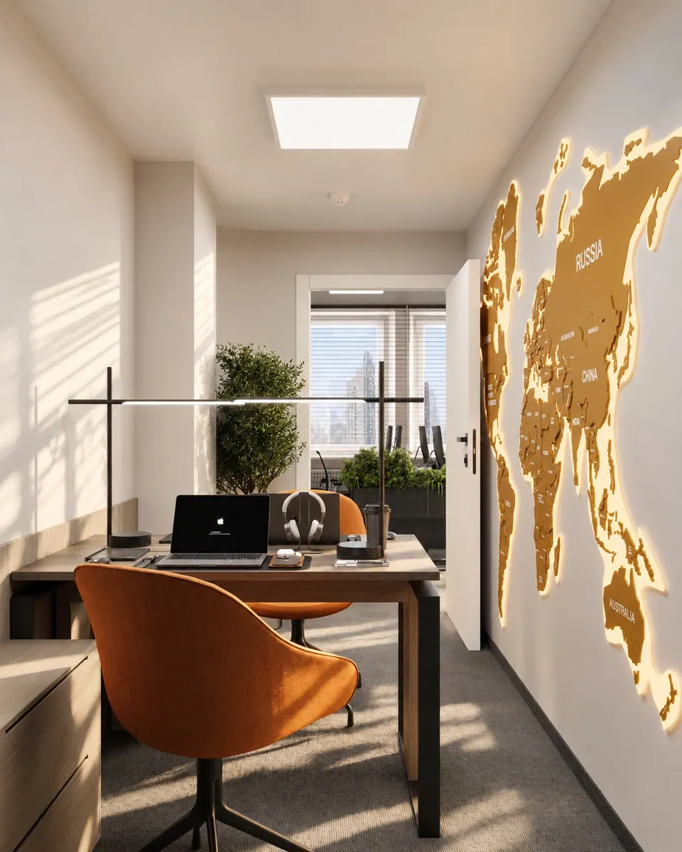 Desks with orange chairs and a backlit world map