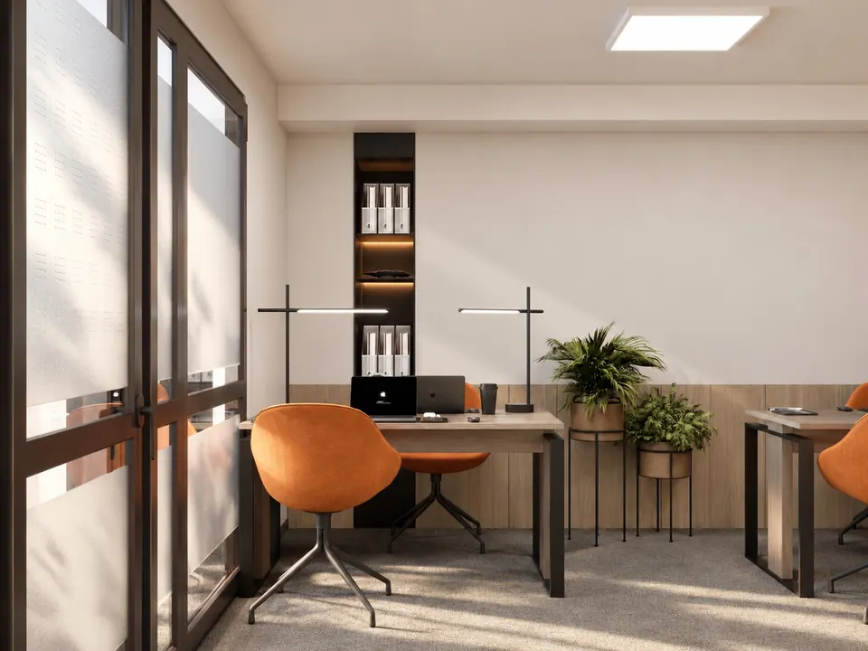 Office with a glazed door and a shelving unit