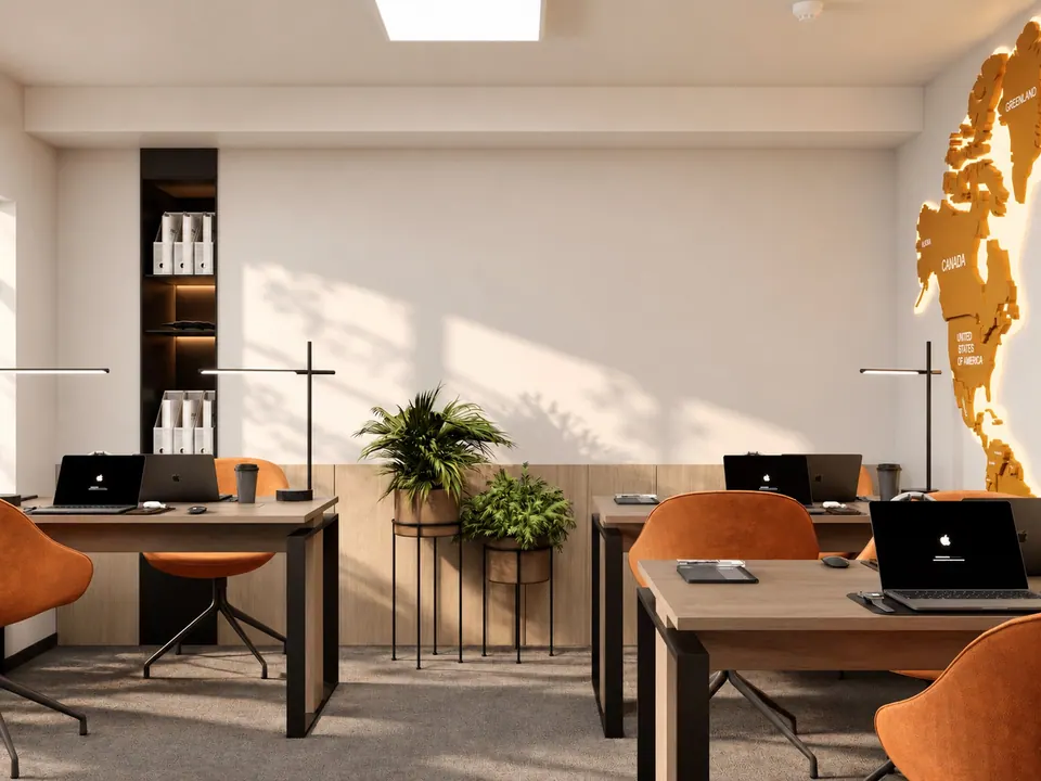 Work area with shelving, plants and accent lighting