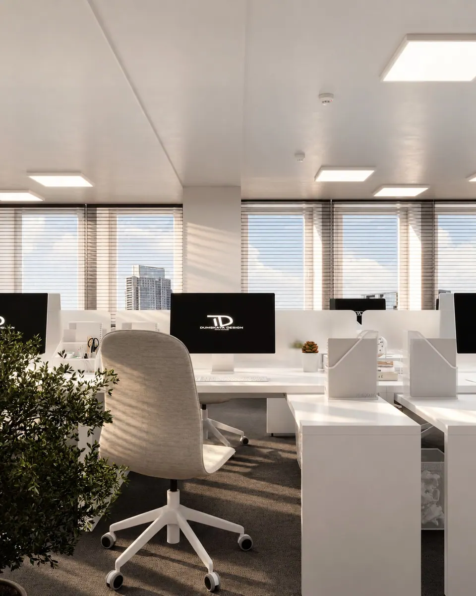 Workstation next to a decorative tree