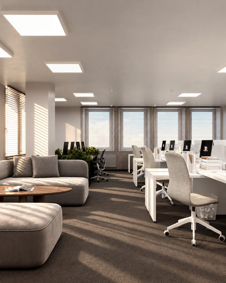 Lounge with a sofa and a coffee table in the open-plan area
