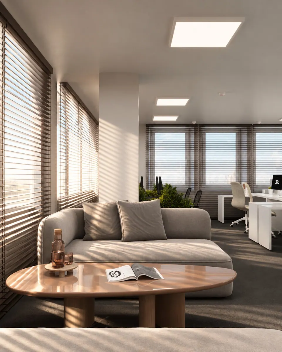 Sofa, oval coffee table and panoramic windows
