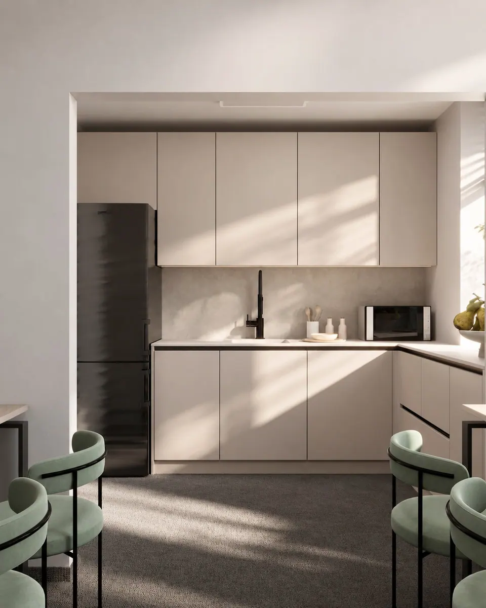 Kitchen with light cabinetry and a dark refrigerator