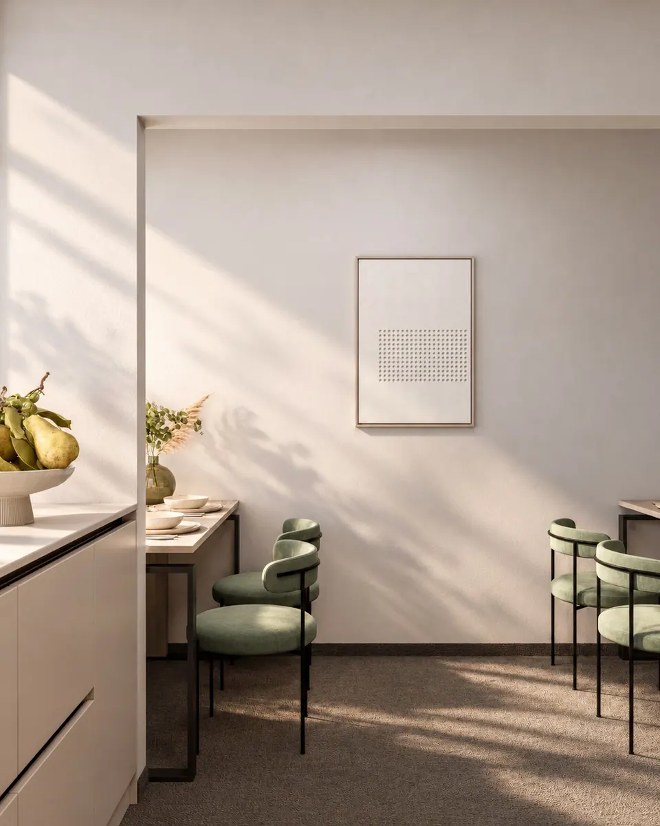 Kitchen with a dining area and green chairs