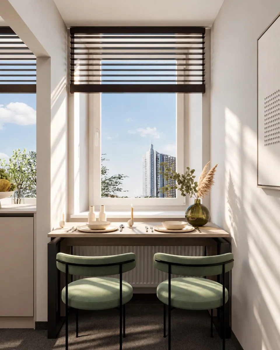 Dining table by the window with a city view