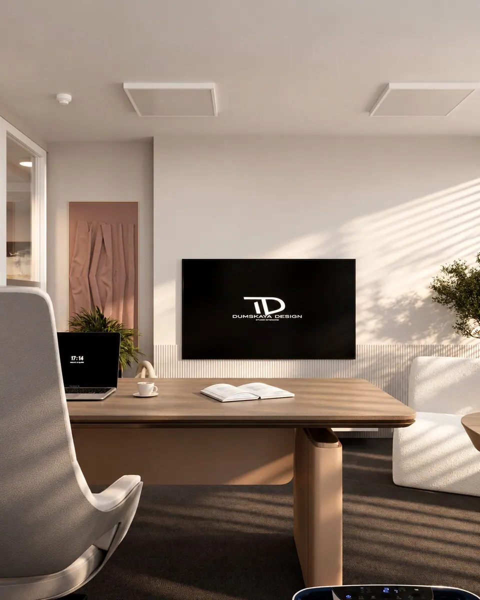 Executive desk facing the TV panel
