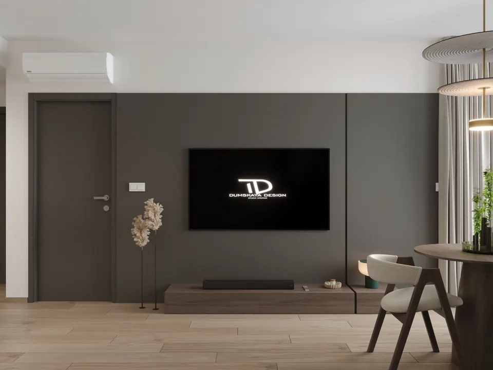 Tmavosivá TV stena v obývačke — byt v Eurovea City v Bratislave, 56 m²
