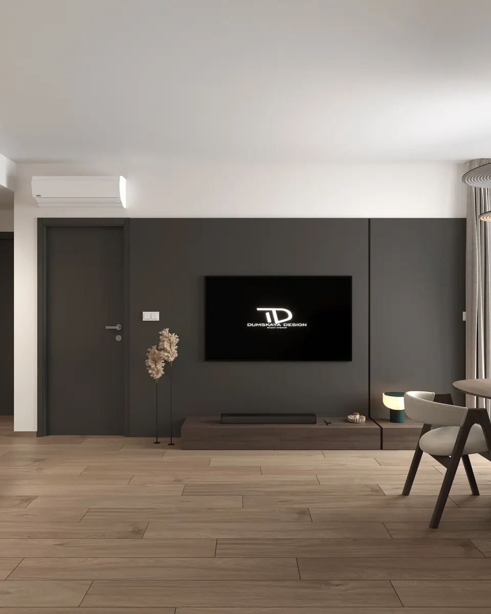 Obývačka s TV stenou a jedálenským stolom — byt v Eurovea City v Bratislave, 56 m²